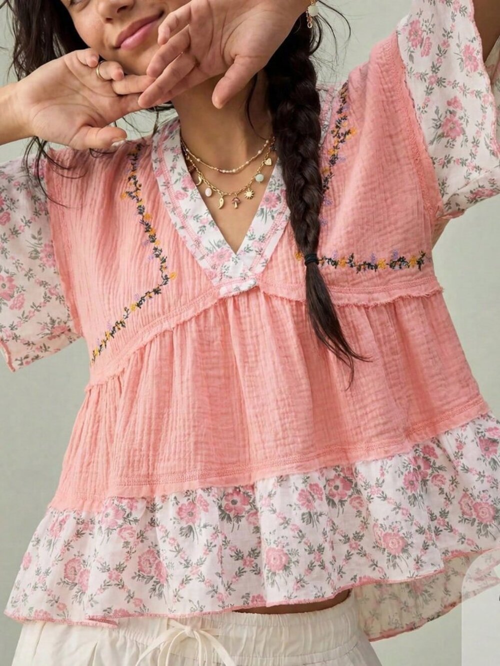 Pink Boho Women's French Romantic Cottage Core V-Neck Blouse